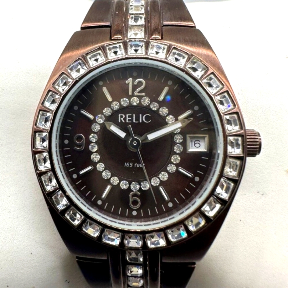 Relic Watch Metallic Brown Crystal Bezel Date Window New Battery 6.25" J906
